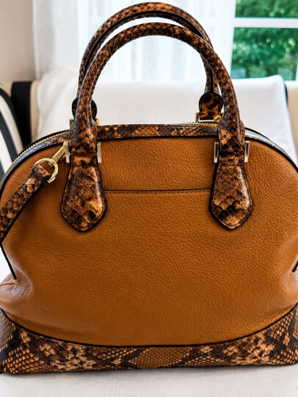 Michael Kors Smythe Medium Satchel Brown Leather Snakeskin Trim